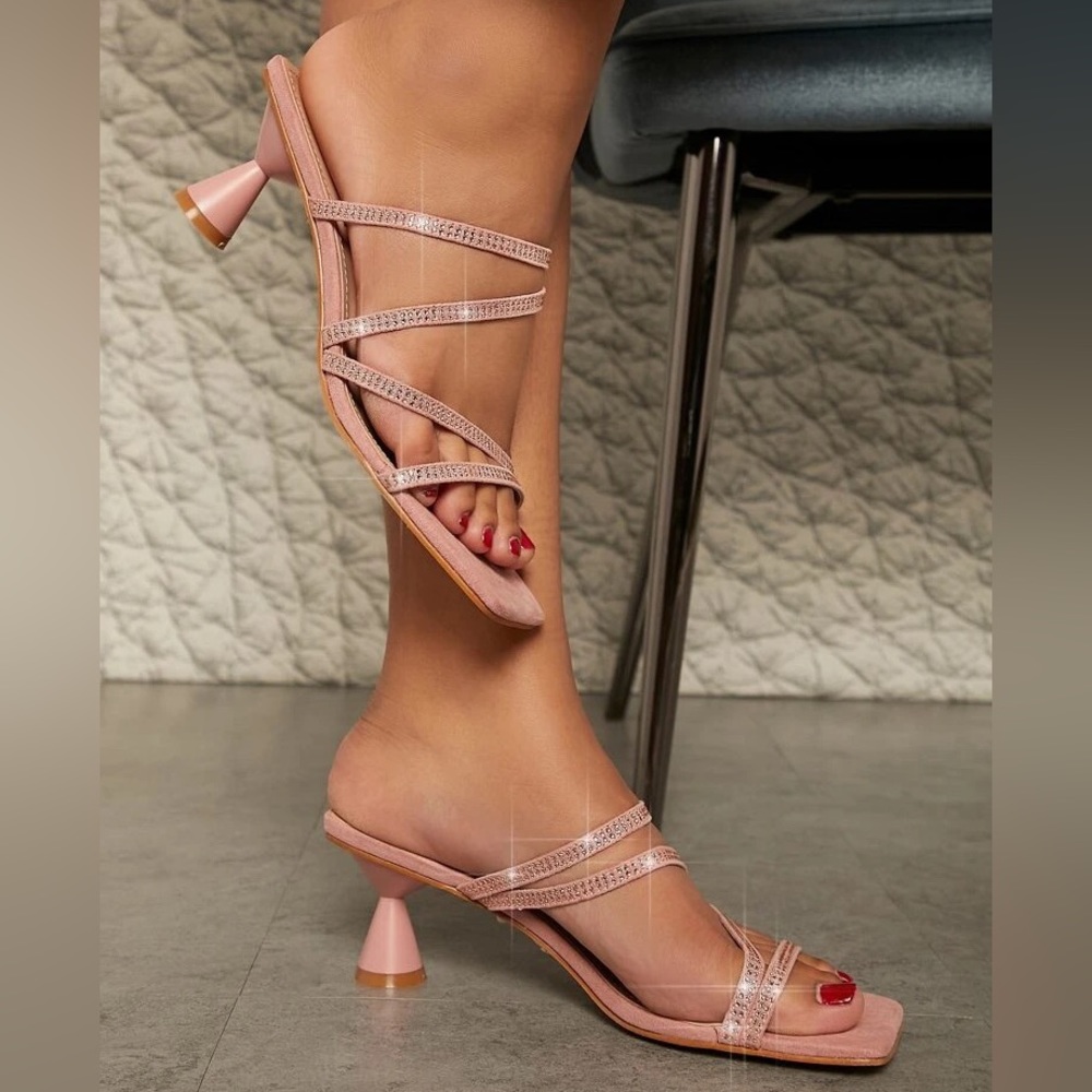 Strapped Rhinestone Open Back Low Flare Heels - Picture 3 of 4